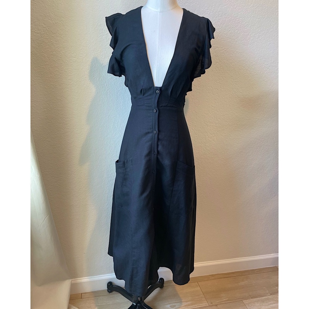 ASTR The Label, Black Linen Plunge Midi Dress Light Weight